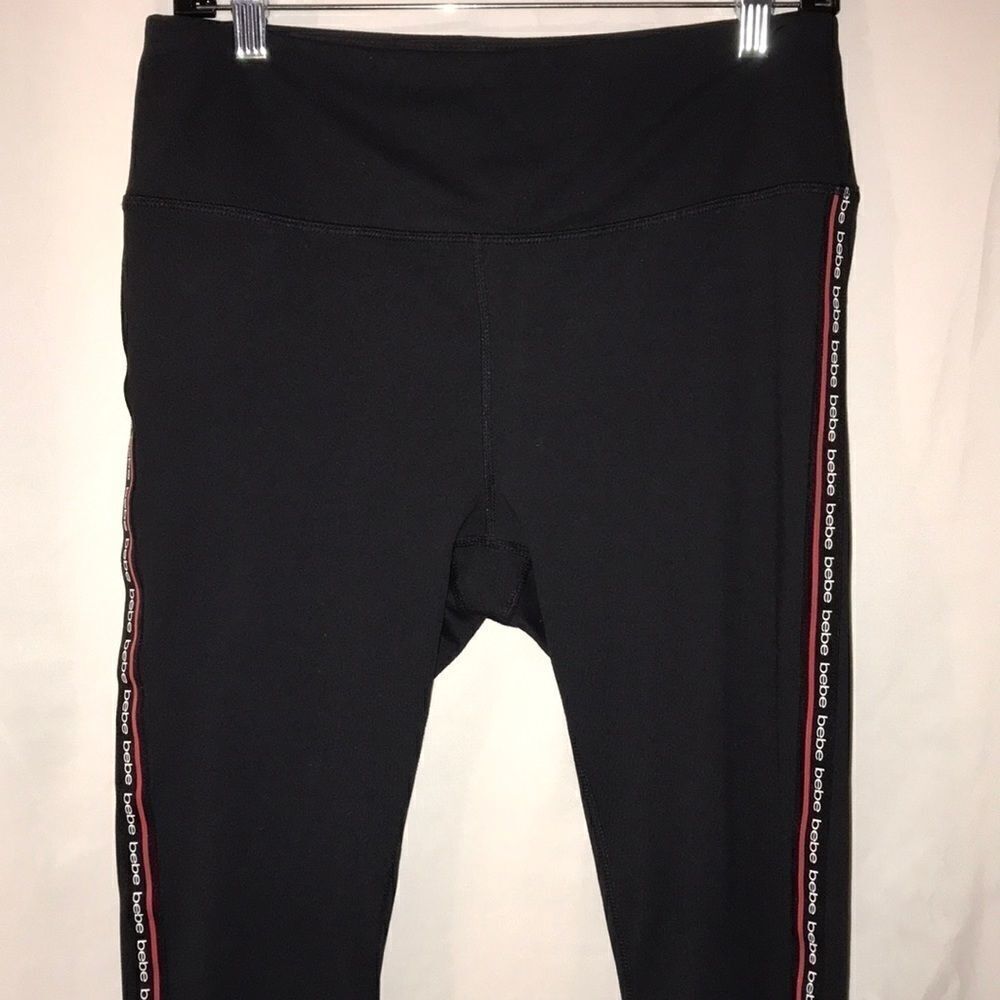 Bebe Sport Black Cropped Leggings Logo Tape Side Stripe High Rise Women Size L